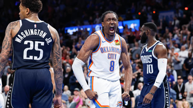 Mar 14, 2024; Oklahoma City, Oklahoma, USA; Oklahoma City Thunder forward Jalen Williams (8) celebrates after dunking against the Dallas Mavericks during the second half at Paycom Center.